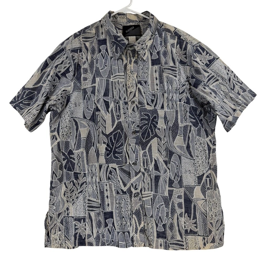 Vintage Nainoa‎ Shirt Mens XL Blue Hawaiian Graphic Tropical Short Sleeve Aloha